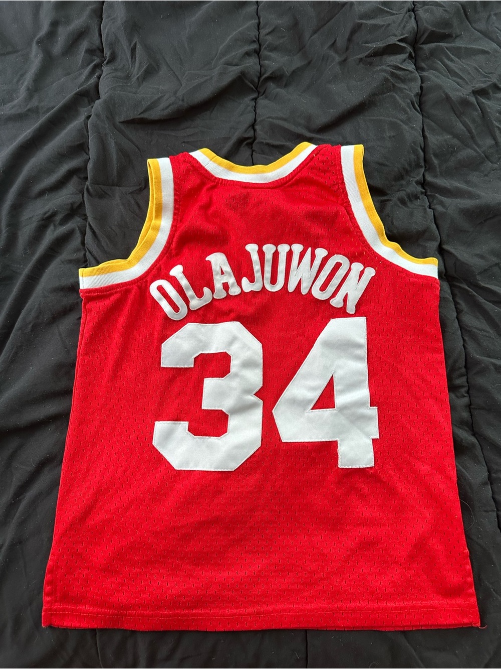 Mitchell & Ness Red Olajuwon #34 Jersey with White & Yellow Trim